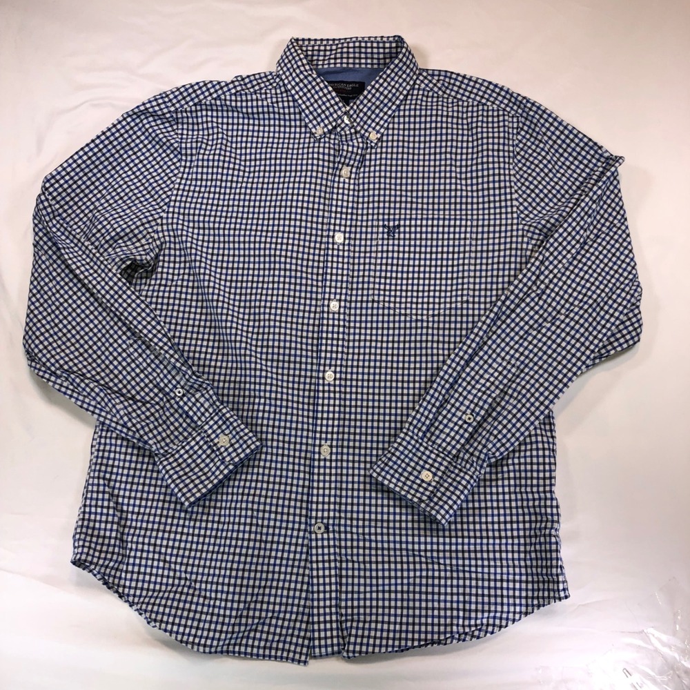 American Eagle Outfitters Mens Athletic Fit Blue Gingham Button Down Shirt L